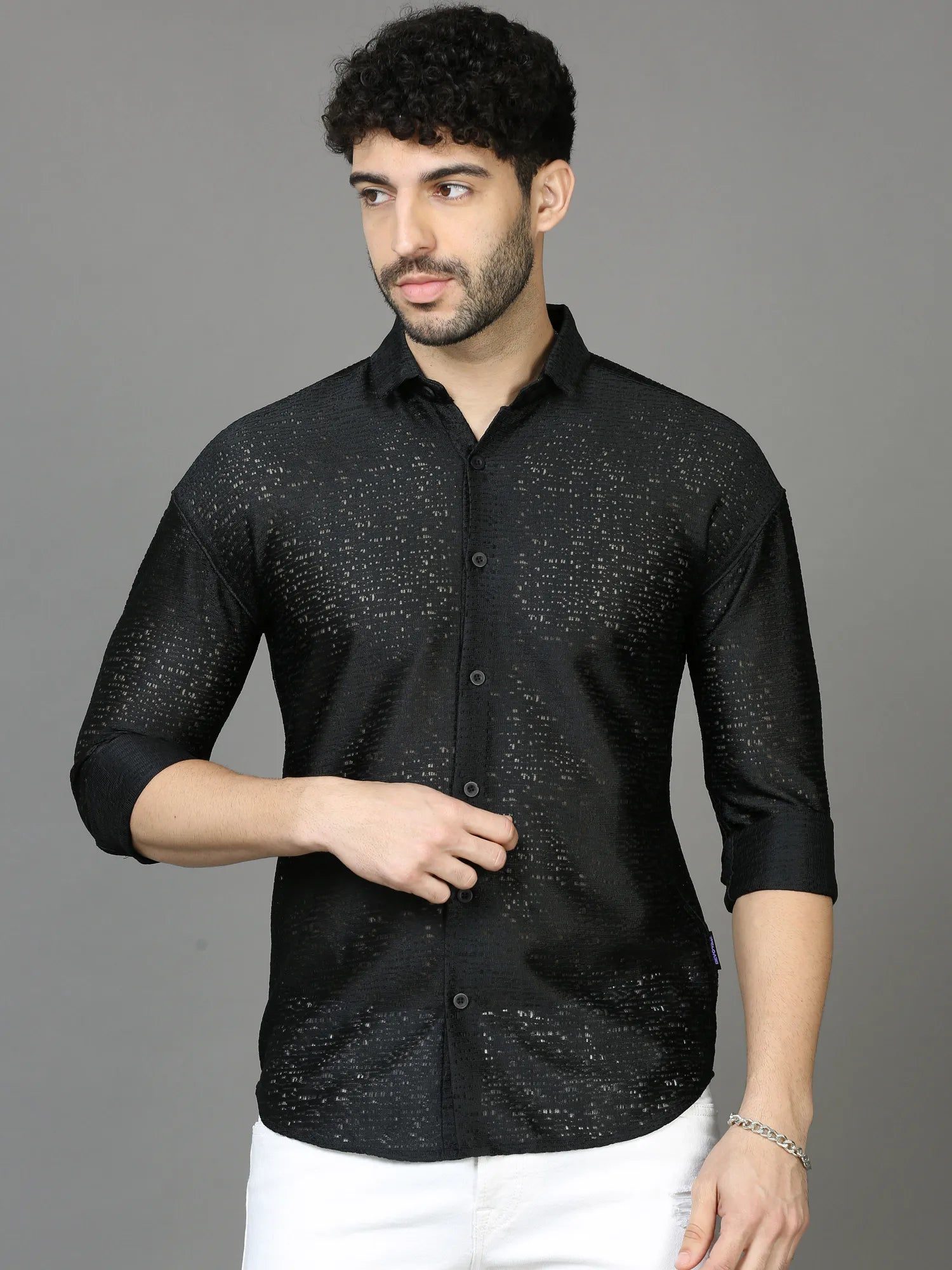  Black Jaquard Down Shoulder Shirt for Men 