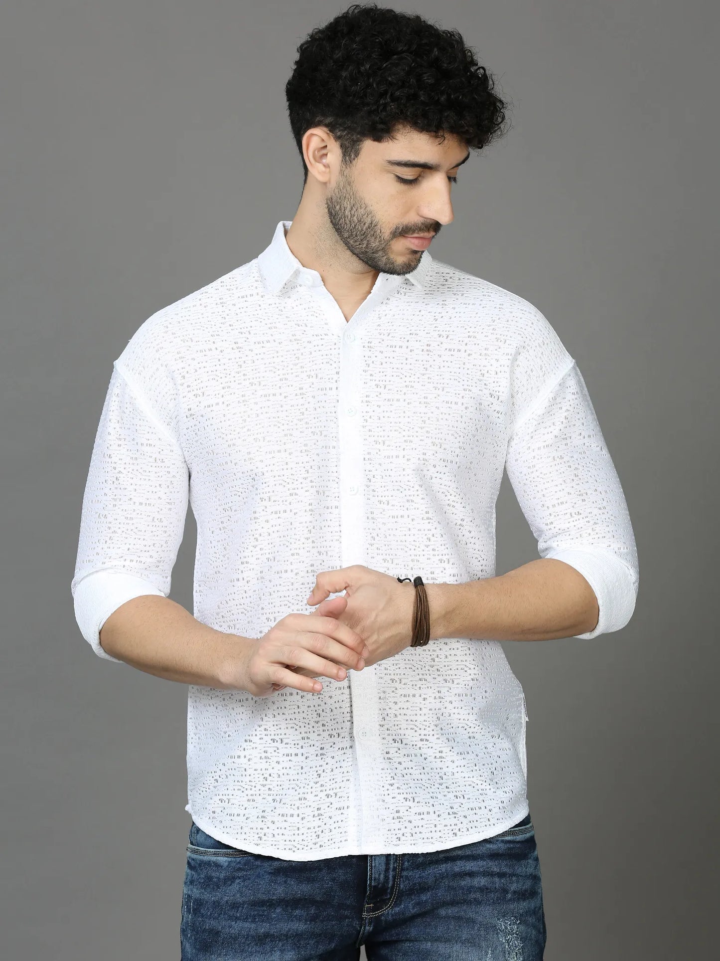 White Jaquard Down Shoulder Shirt for Men 