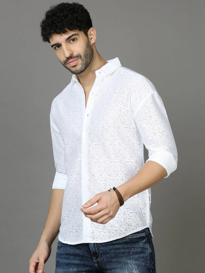 Elegant White Jaquard Down Shoulder Shirt