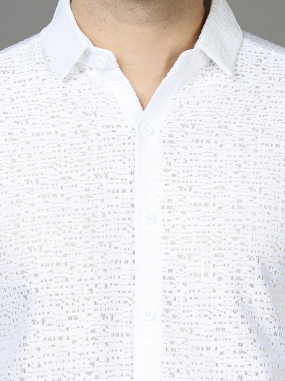 White Jaquard Down Shoulder Shirt for Men 