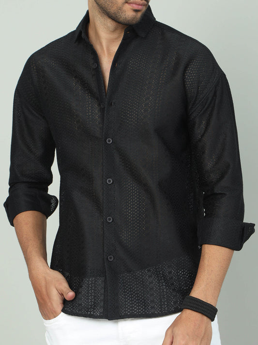 Chic Jaquard Off-Shoulder Shirt - Black Edition