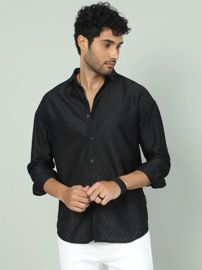 Black Jaquard Off-Shoulder Shirt for Men 