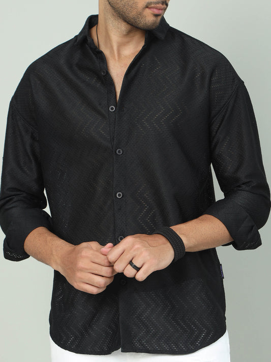 Trendy Black Jaquard Off-Shoulder Shirt