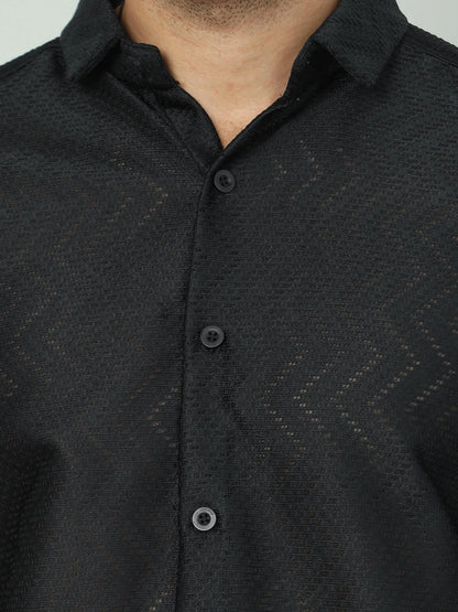 Black Jaquard Off-Shoulder Shirt for Men 