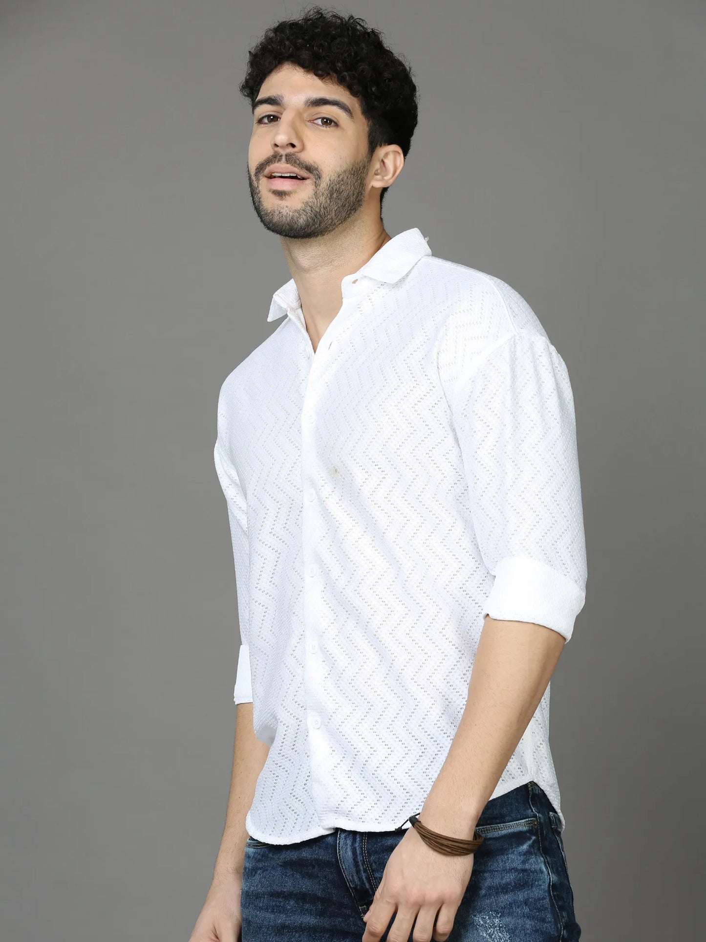 White Jaquard Off-Shoulder Shirt for Men