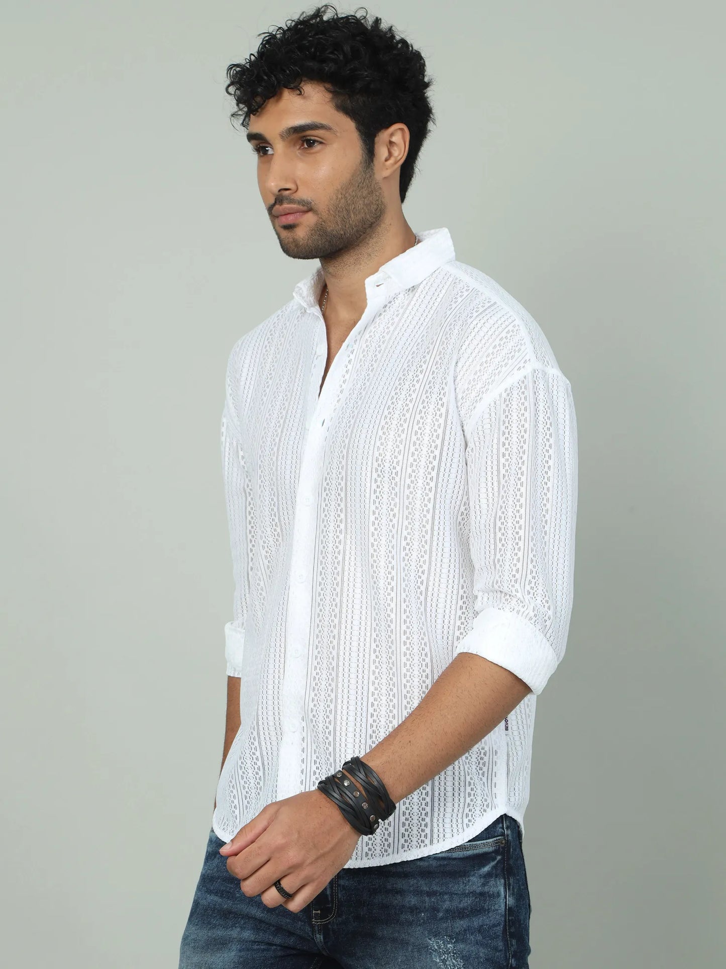 Classic White Jaquard Drop-Shoulder Shirt