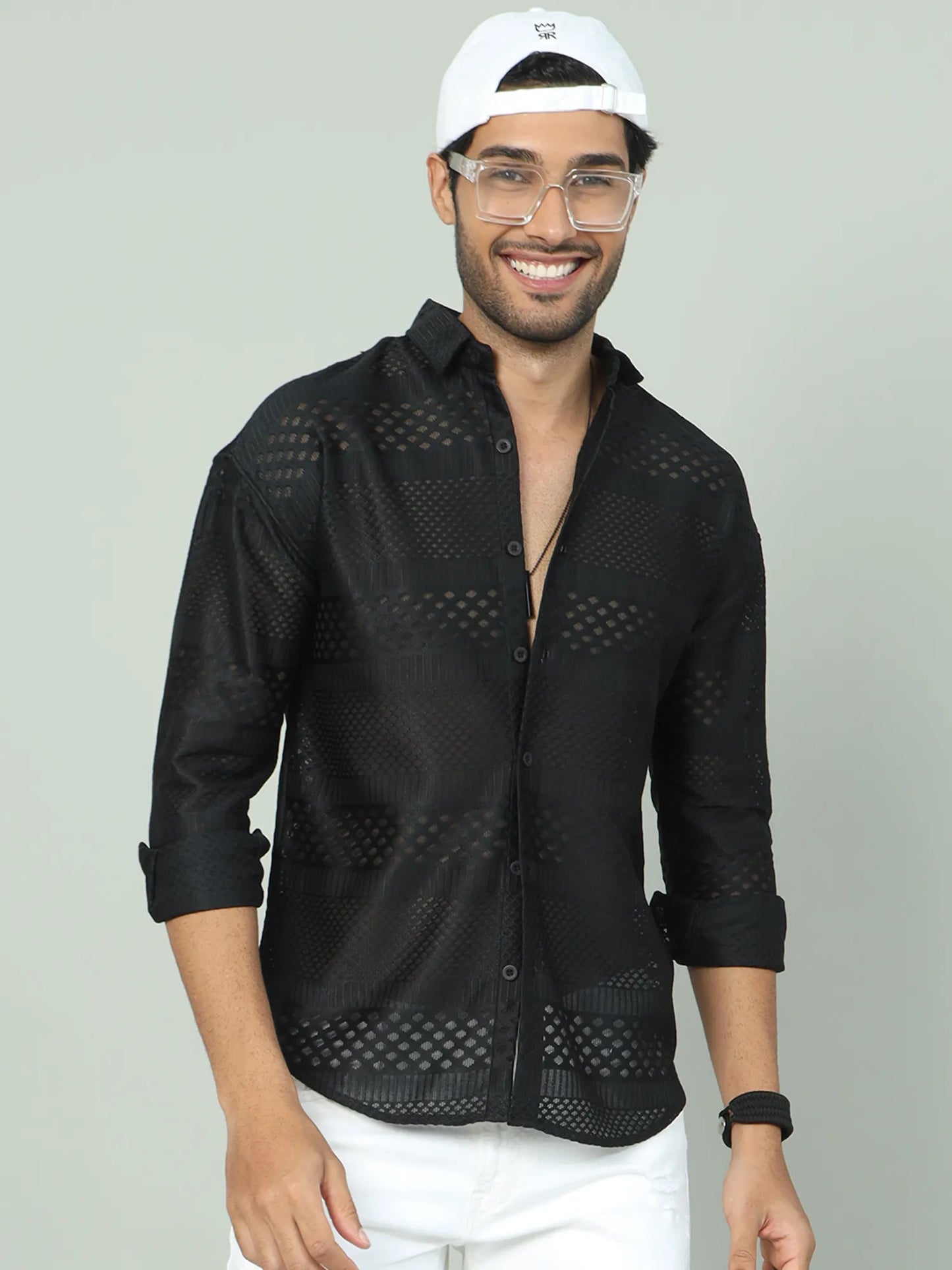  Black Jaquard Off-the-Shoulder Shirt  for Men 