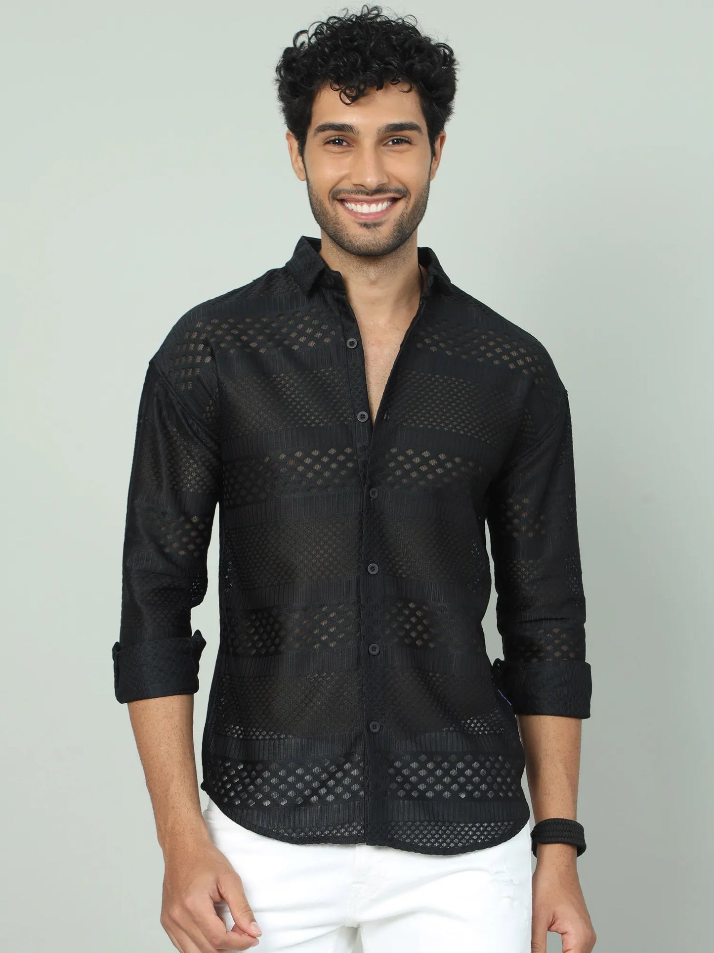  Black Jaquard Off-the-Shoulder Shirt  for Men 