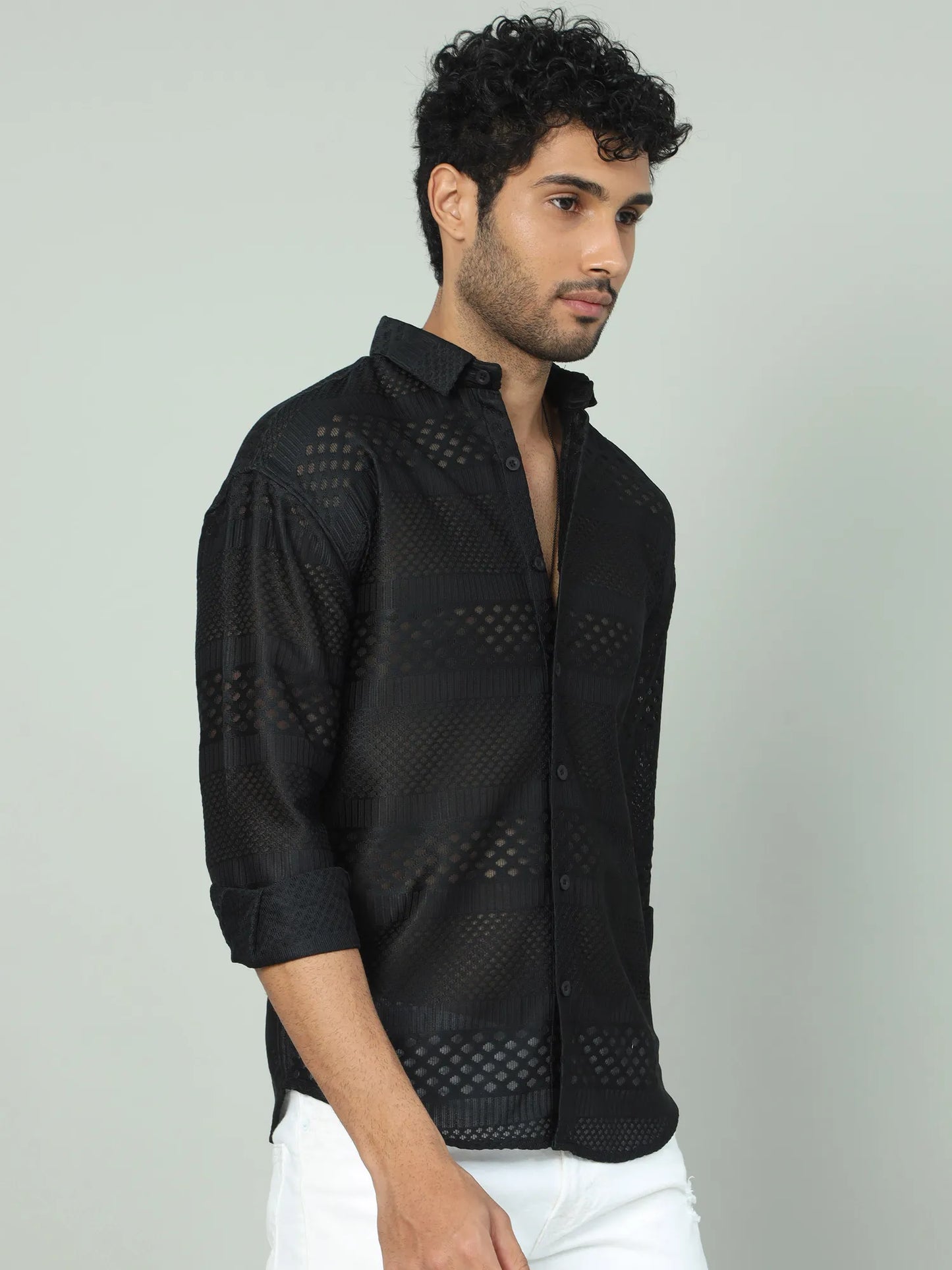  Black Jaquard Off-the-Shoulder Shirt  for Men 