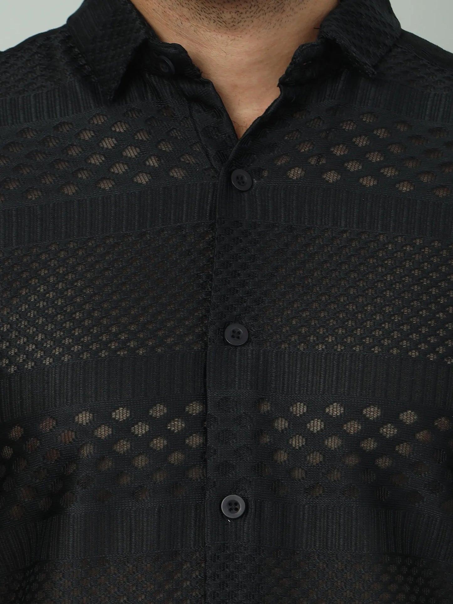  Black Jaquard Off-the-Shoulder Shirt  for Men 