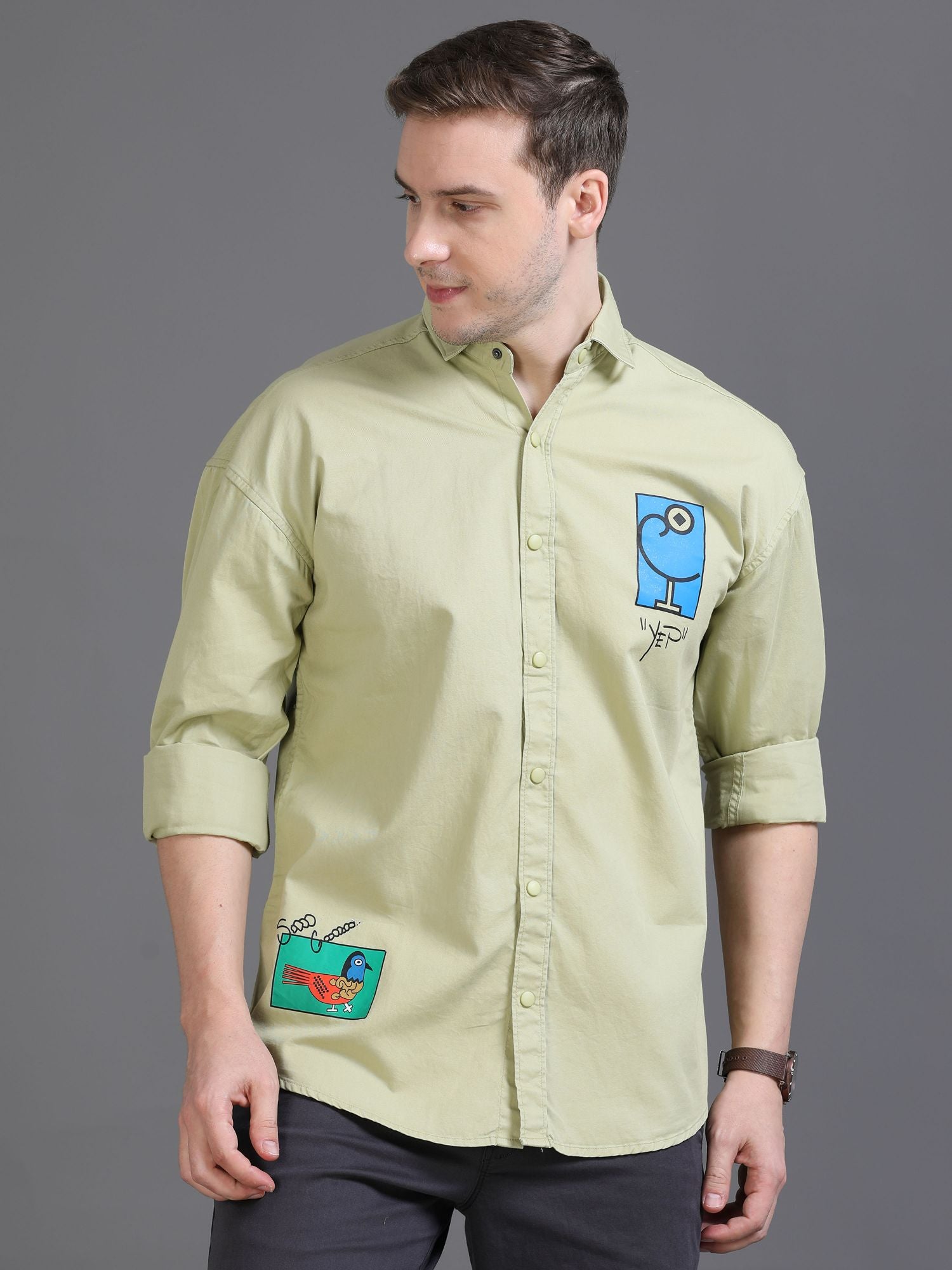 Green Drop Shoulder Shirt for Men