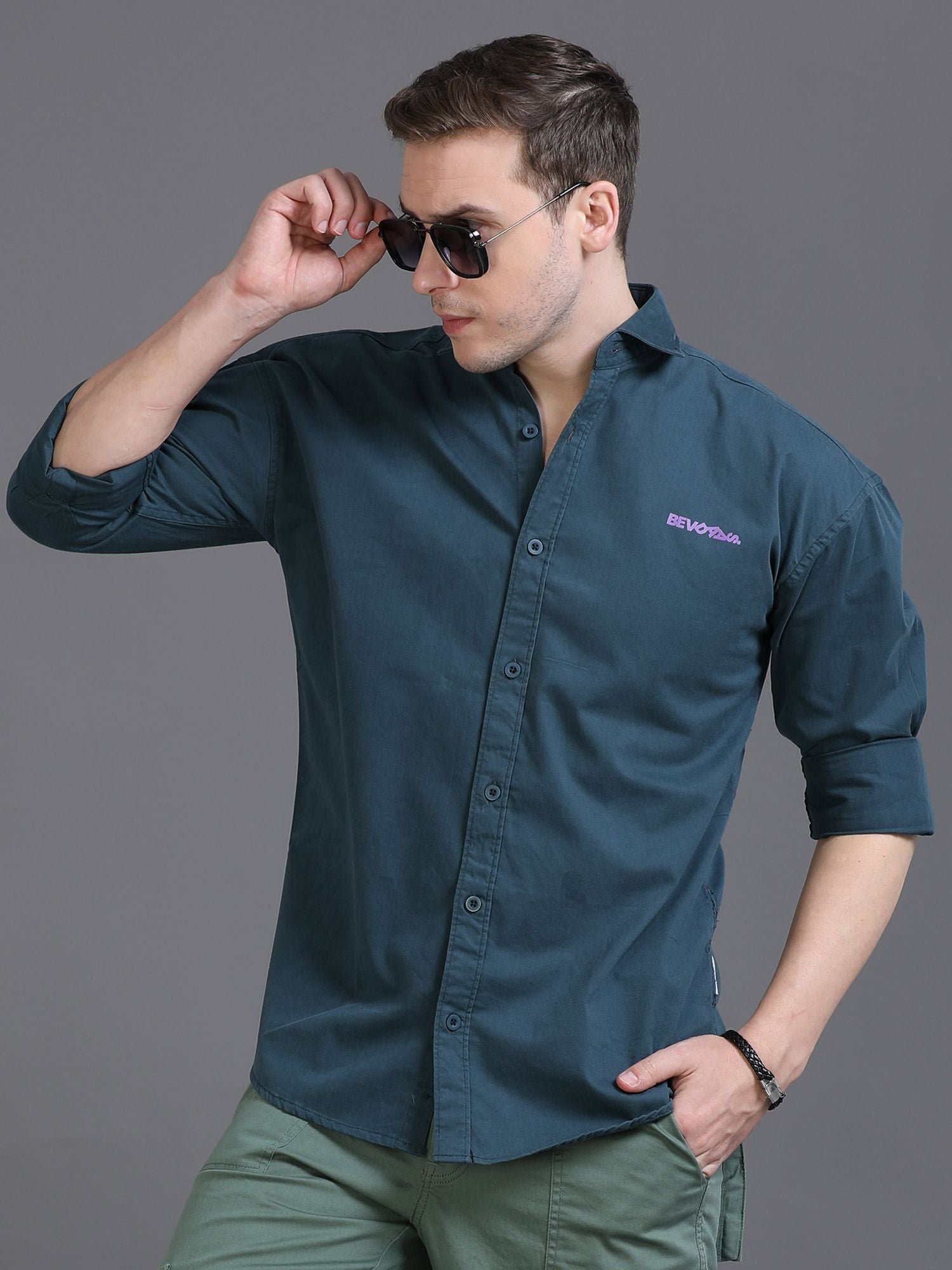 Shop Trendy Pine Green Drop Shoulder Shirt Mens Online Bevdaas