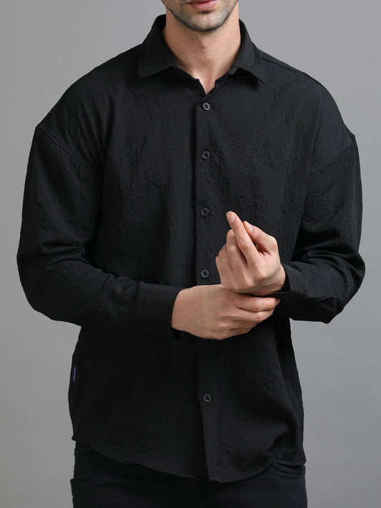Elegant Black Textured Drop Shoulder Shirt