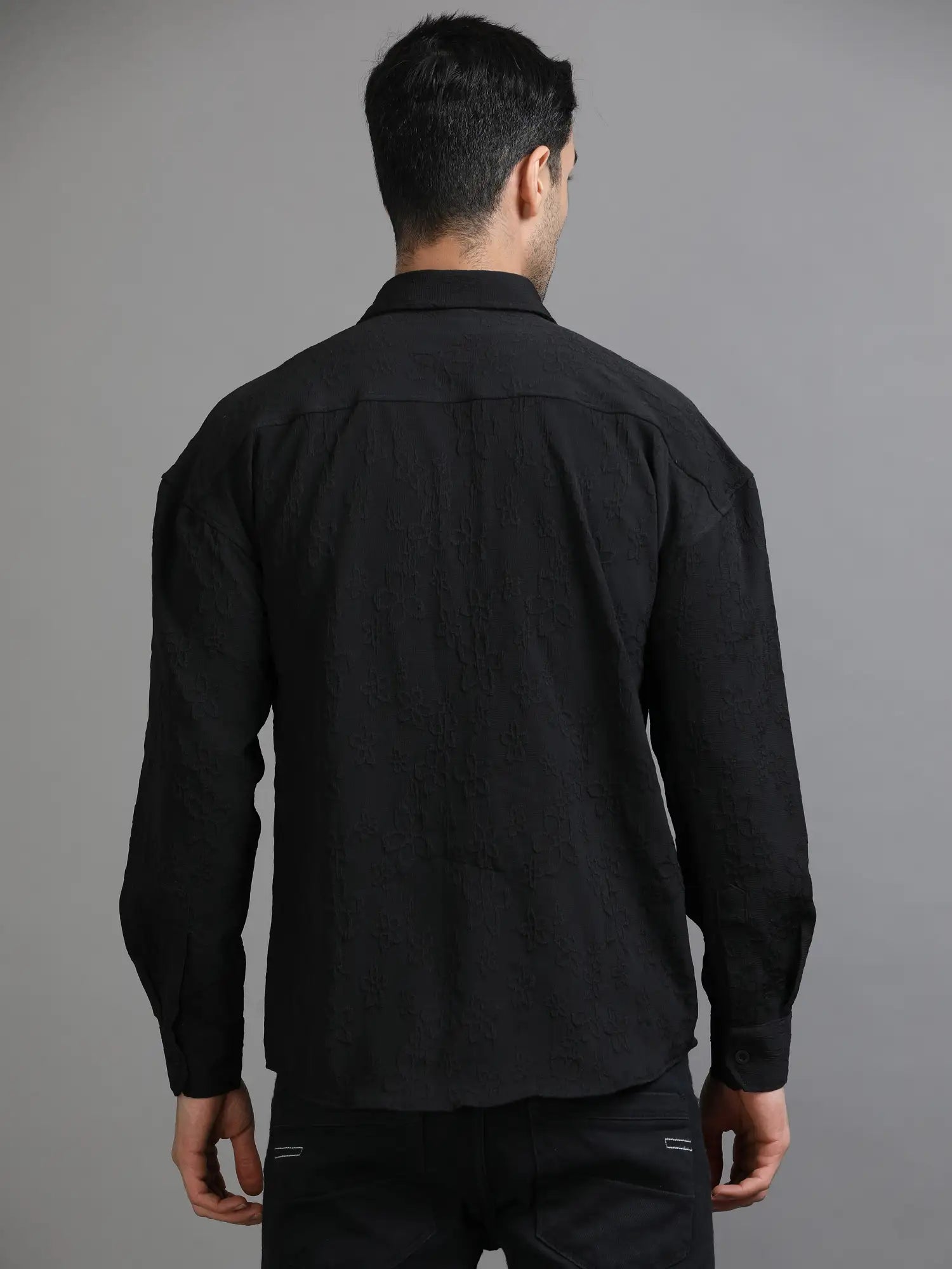 Elegant Black Crochet Drop Shoulder Shirt for Men