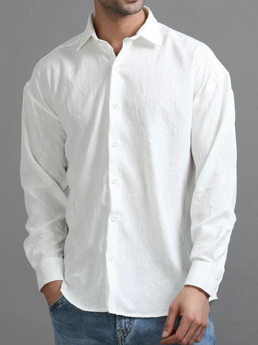 Elegant White Textured Drop Shoulder Shirt