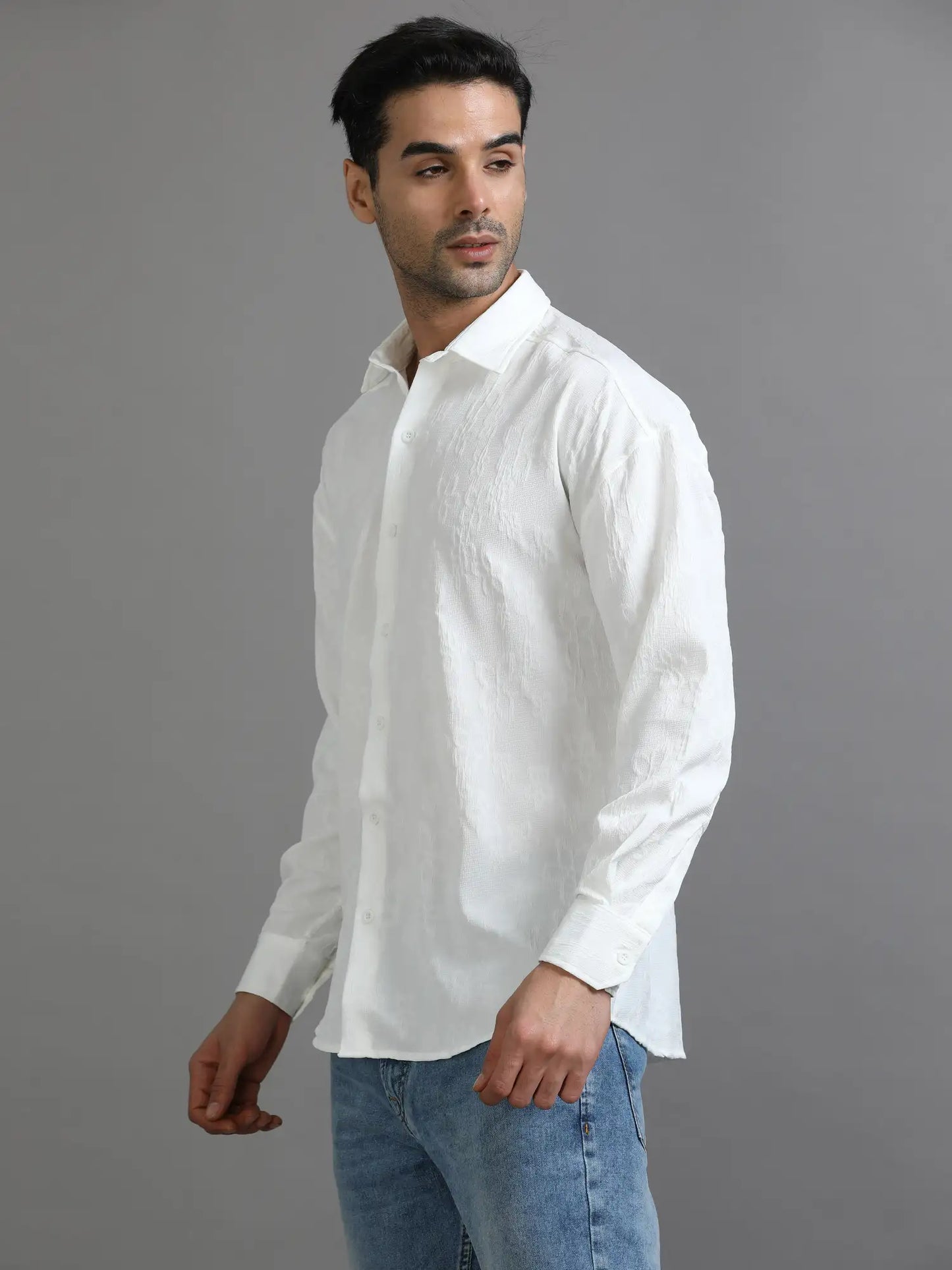 Elegant White Crochet Drop Shoulder Shirt for Men 