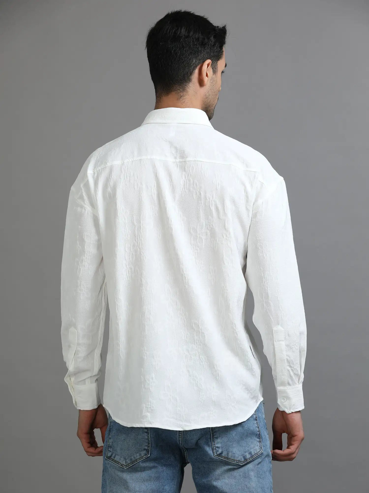 Elegant White Crochet Drop Shoulder Shirt for Men 