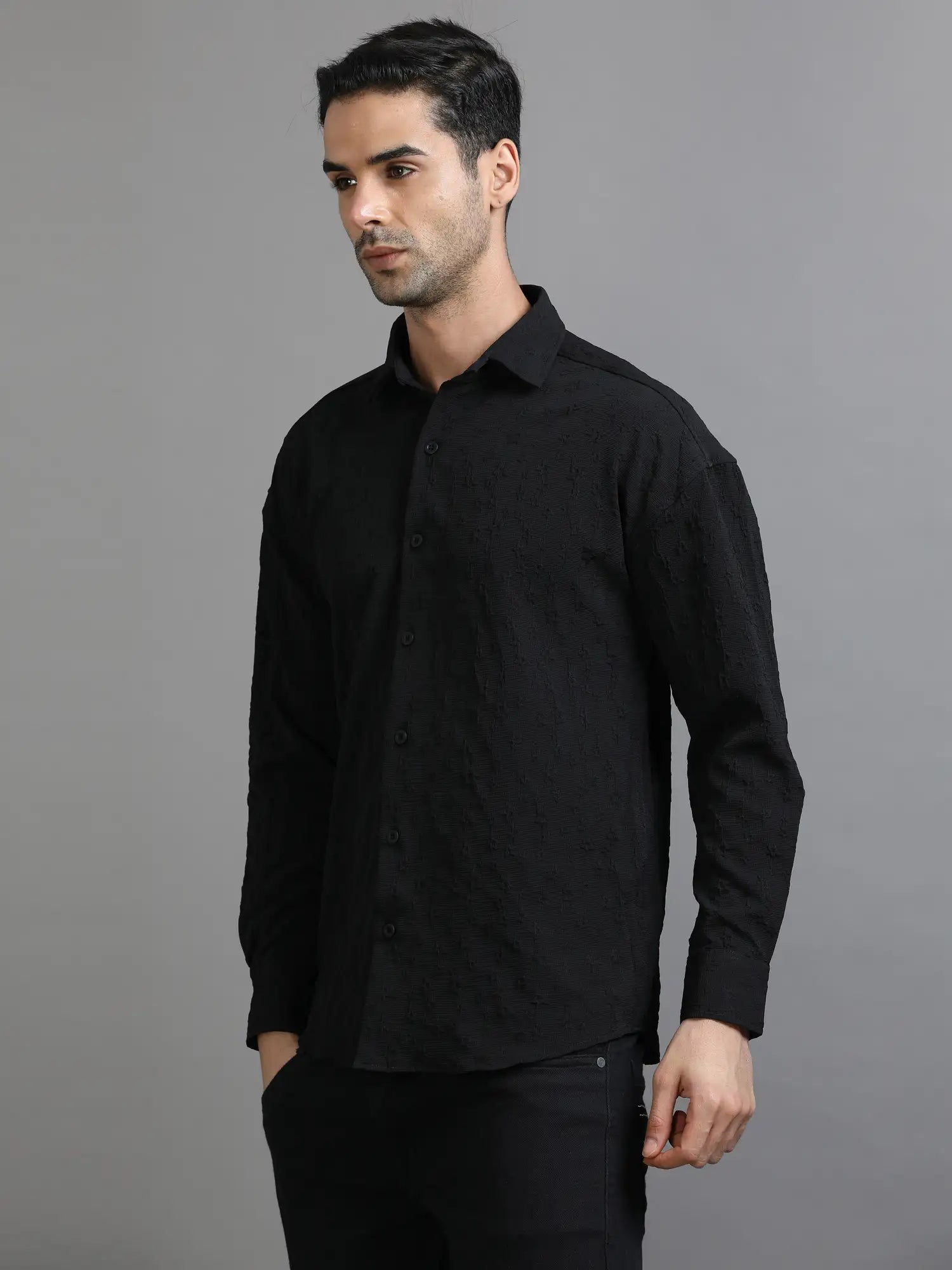 Noir Crochet Chic Drop Shoulder Shirt for Men 