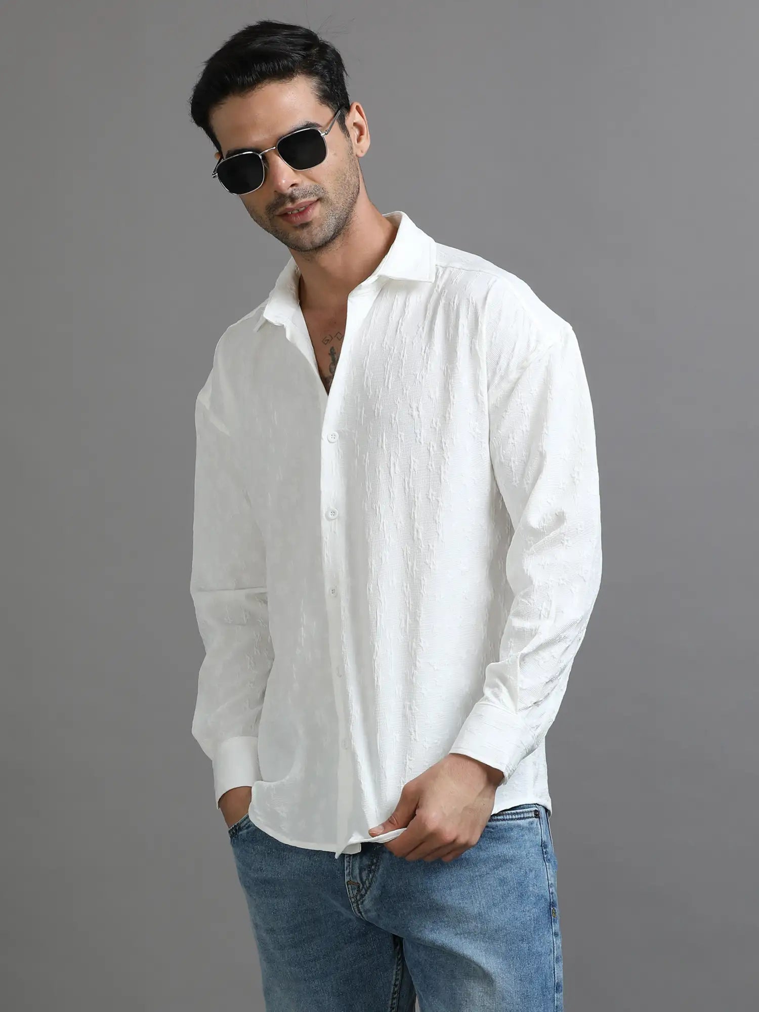 Bright white Crochet Chic Drop Shoulder Shirt for Men 