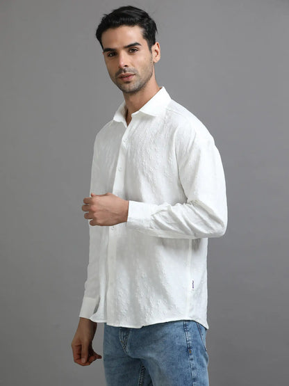 Bright white Crochet Chic Drop Shoulder Shirt for Men 