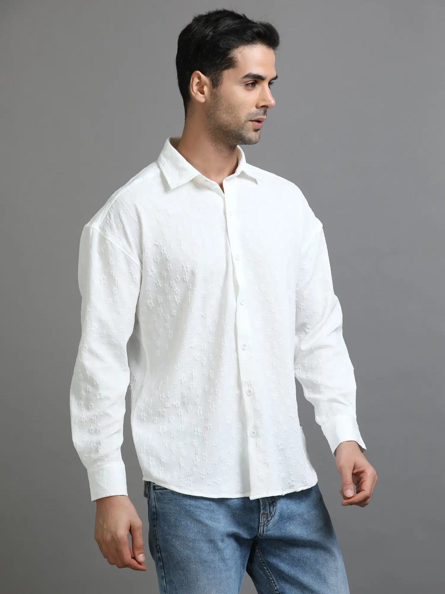 Bright white Crochet Chic Drop Shoulder Shirt for Men 