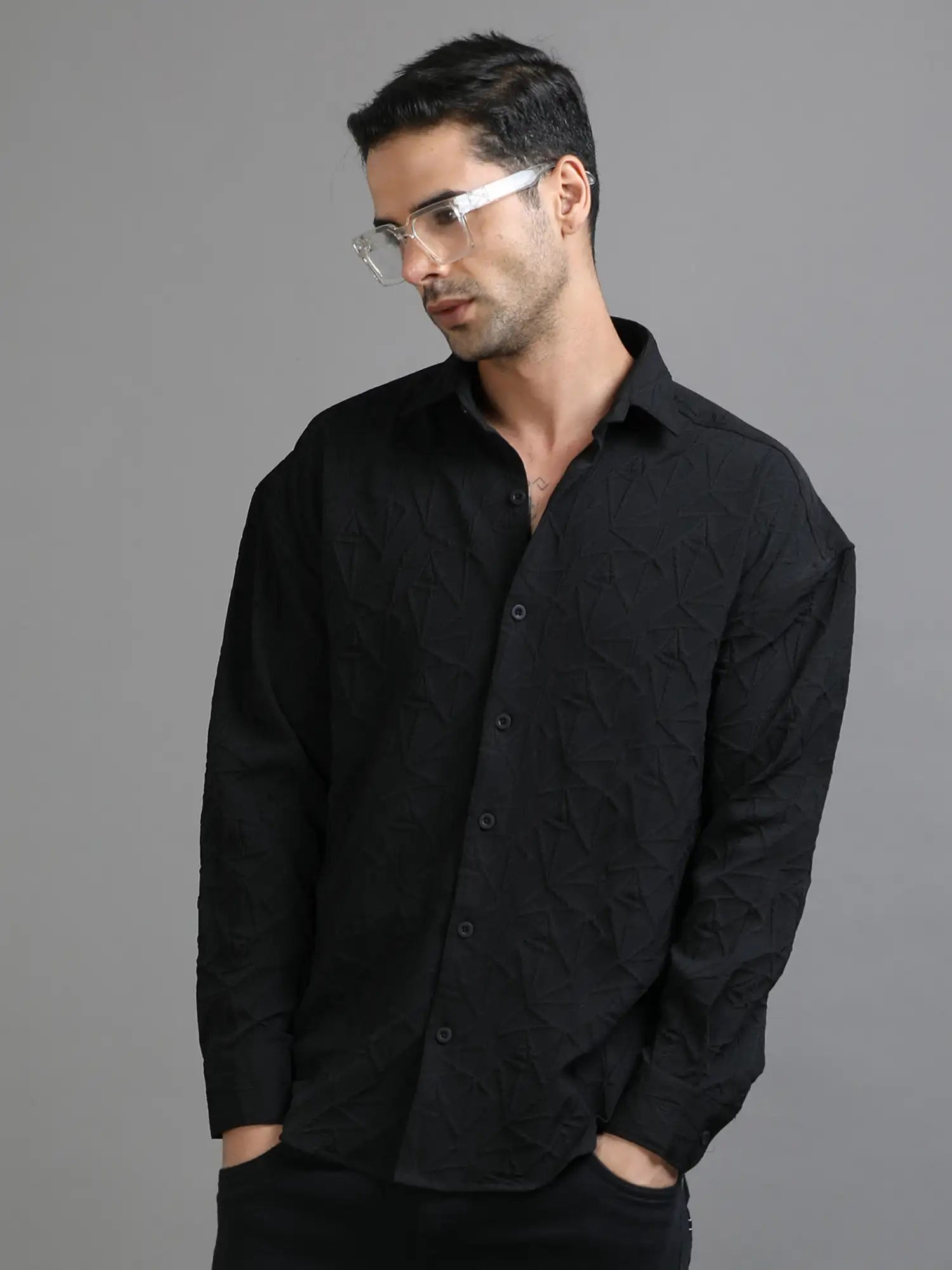 Raven Black Crochet Drop Shoulder Shirt for Men