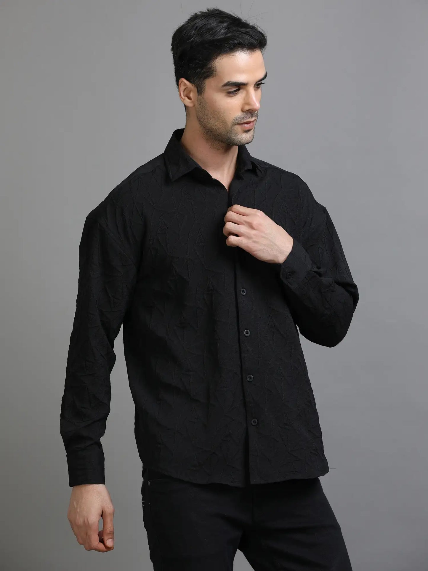 Raven Black Crochet Drop Shoulder Shirt for Men