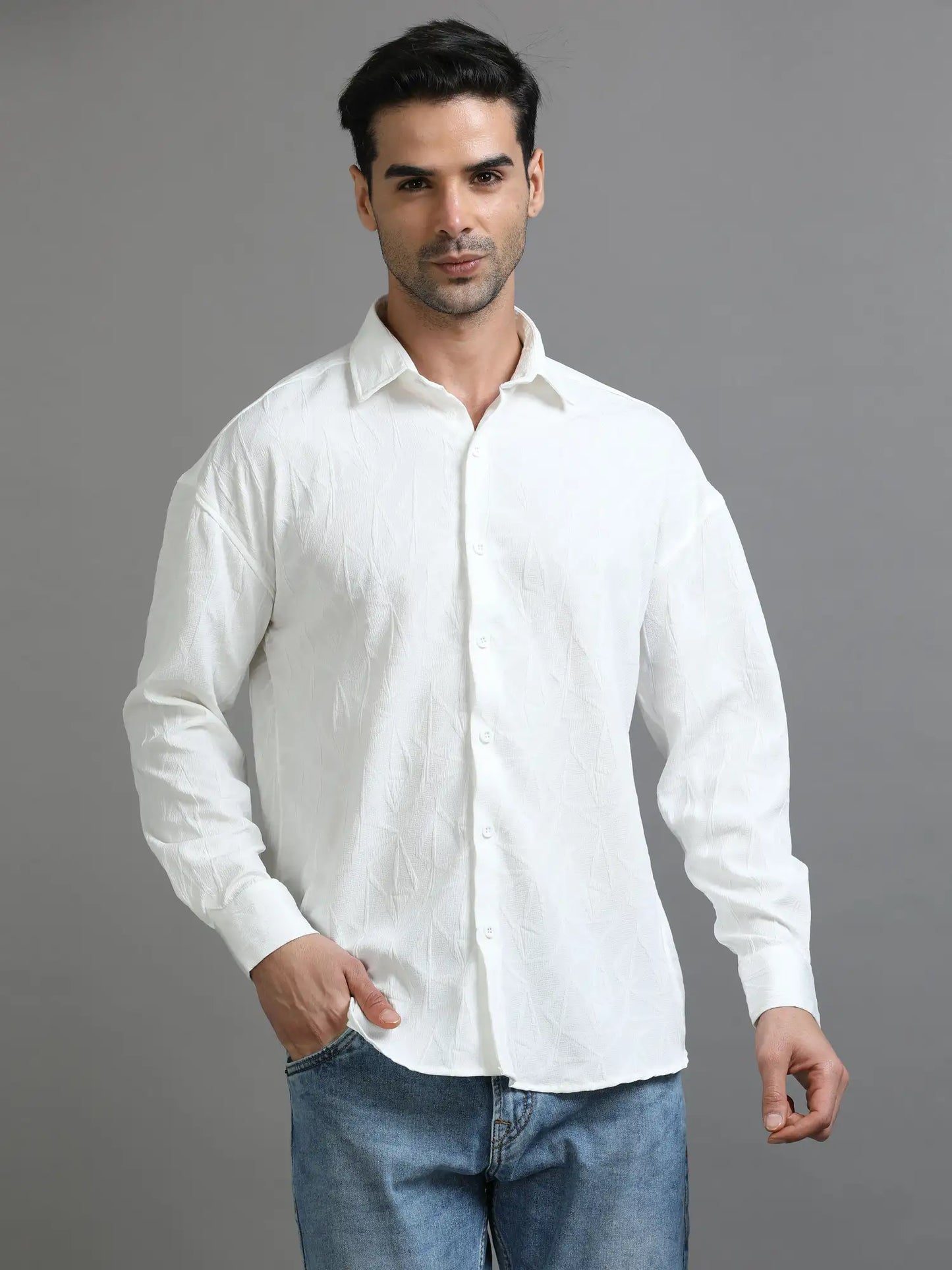 Opulent Whiteness Crochet Drop Shoulder Shirt for Men 