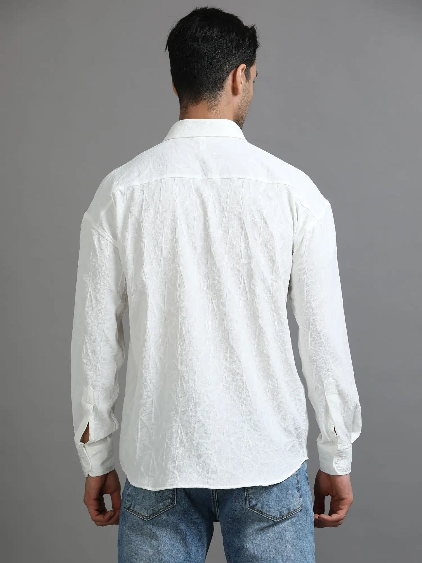 Opulent Whiteness Crochet Drop Shoulder Shirt for Men 