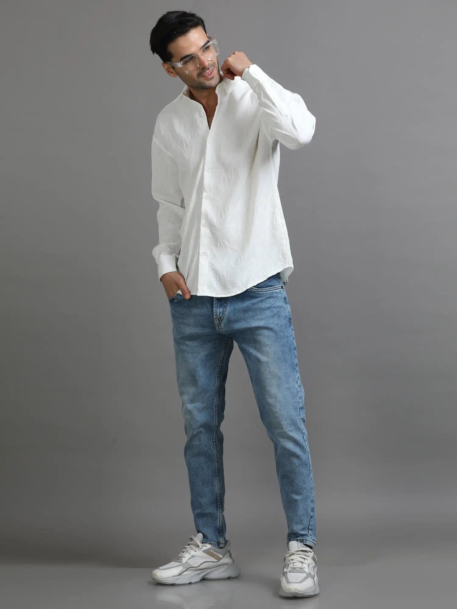 Opulent Whiteness Crochet Drop Shoulder Shirt for Men 