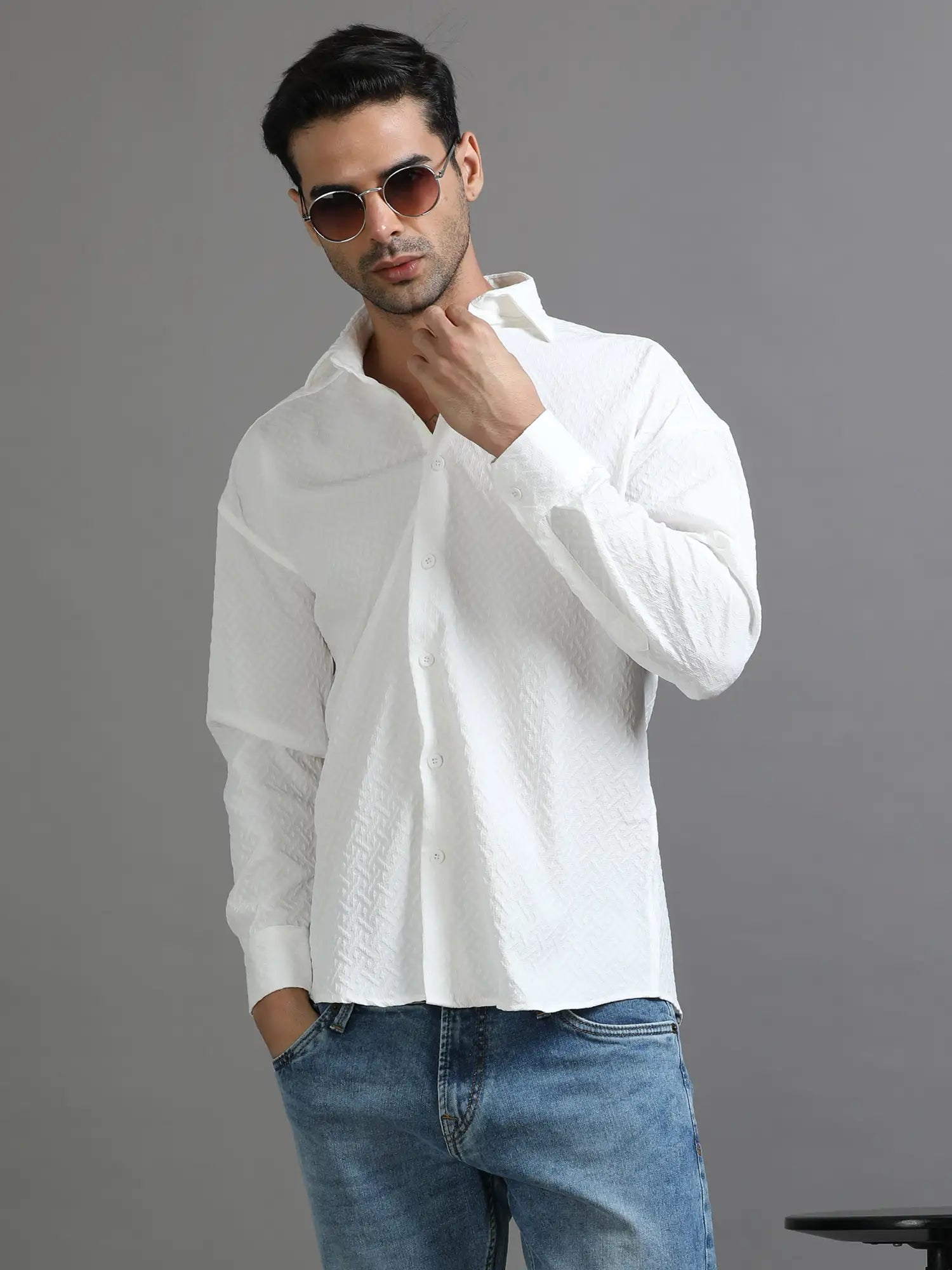  Charm White Crochet Drop Shoulder Shirt for Men 