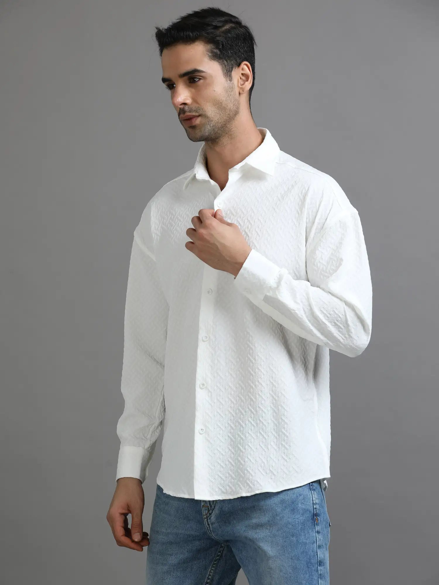  Charm White Crochet Drop Shoulder Shirt for Men 