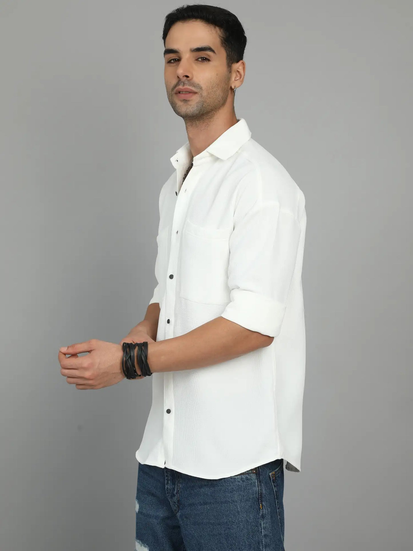 THICK AND TEXTURED WHITE IMPORTED DROP SHOULDER SHIRT