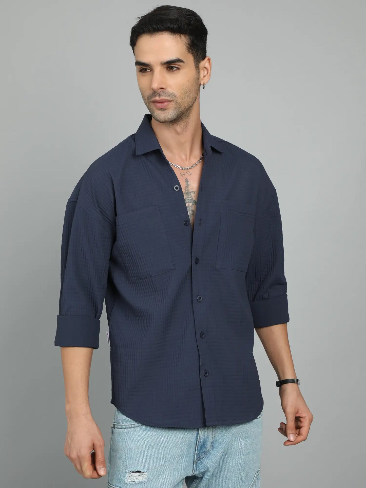  NAVY-BLUE IMPORTED DROP SHOULDER SHIRT for Men 