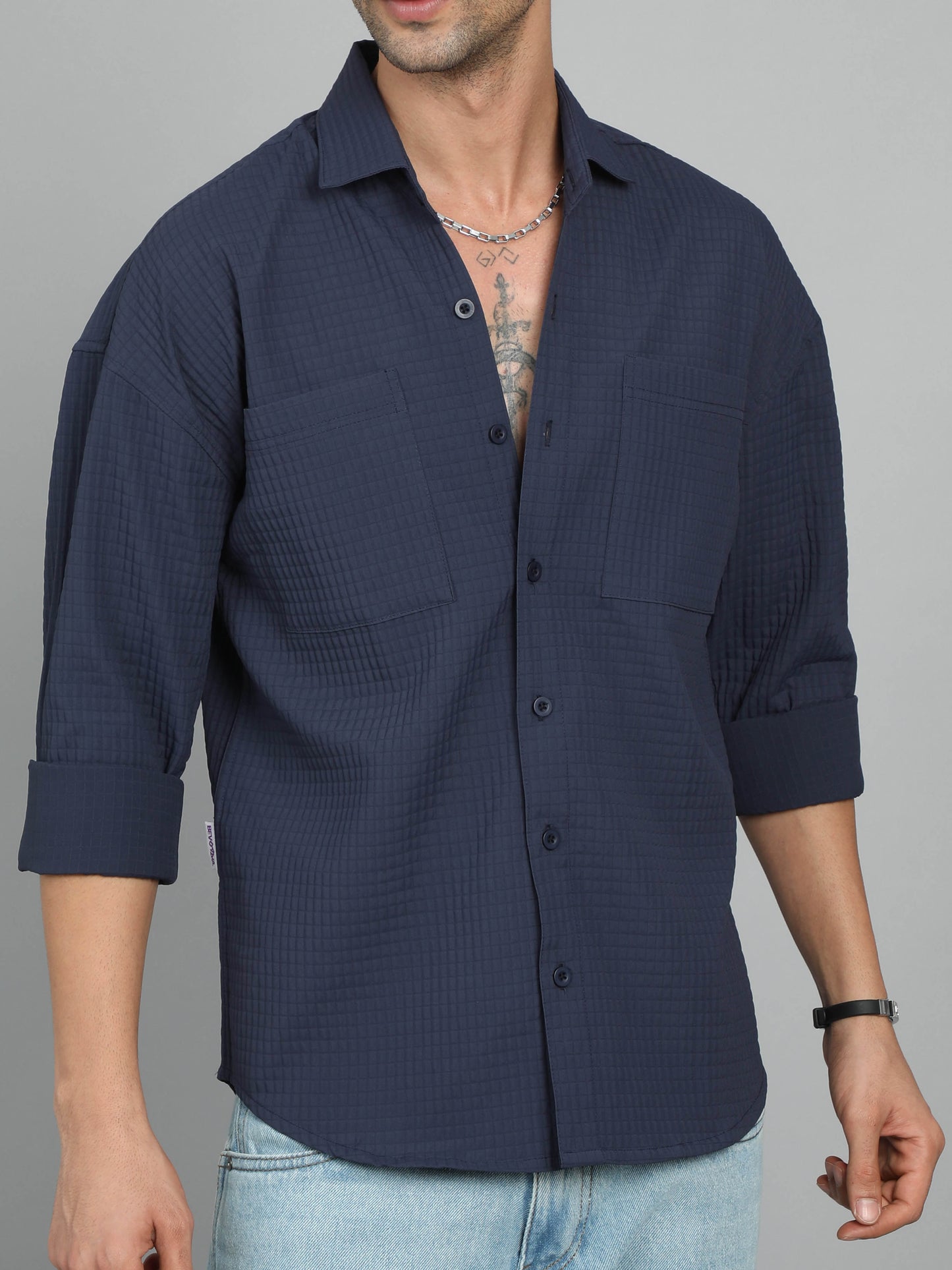 GET GROOVY NAVY-BLUE IMPORTED DROP SHOULDER SHIRT