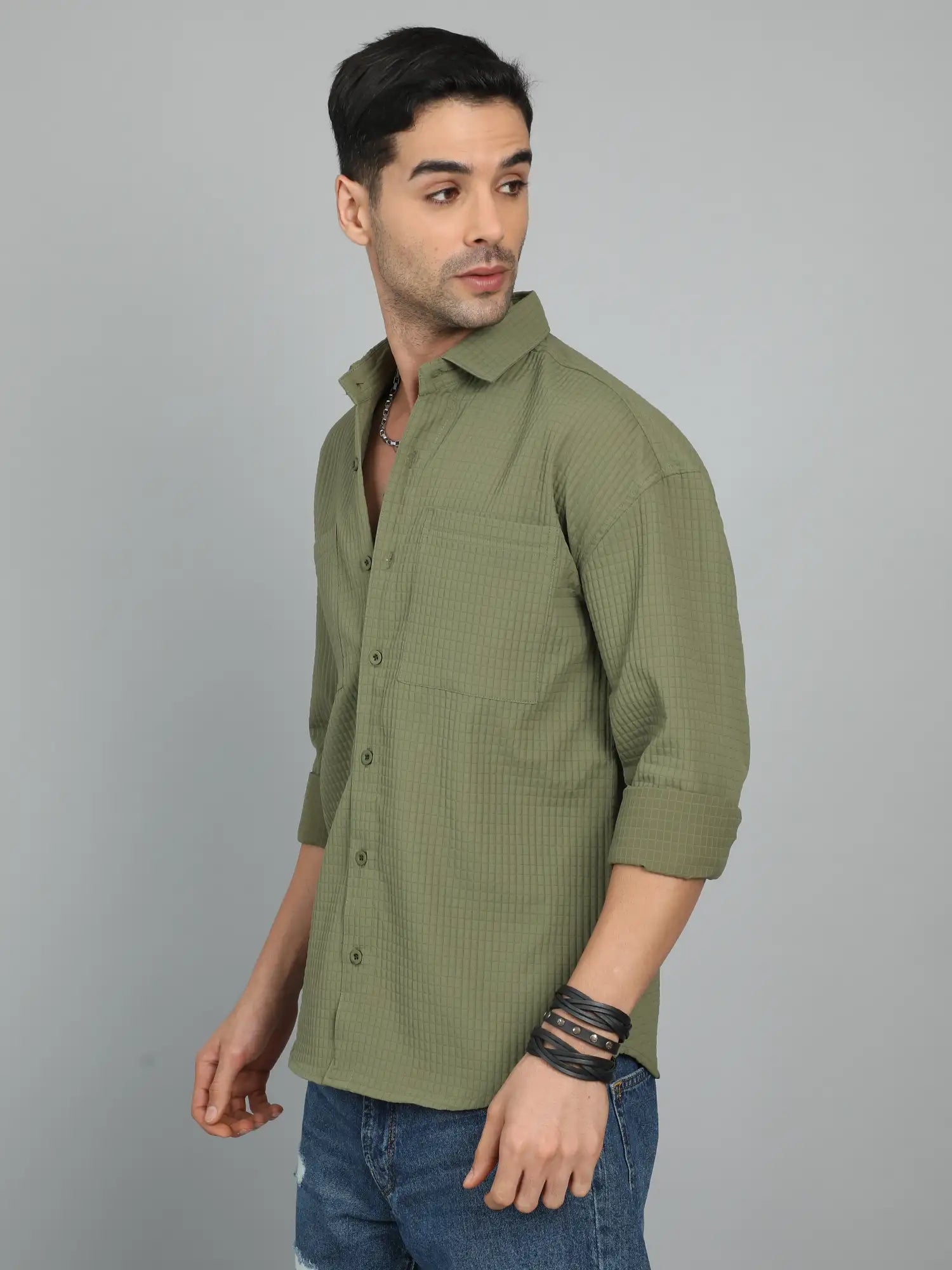 Stylish Sidekick Olive-Green Imported Drop Shoulder Shirt for Men 