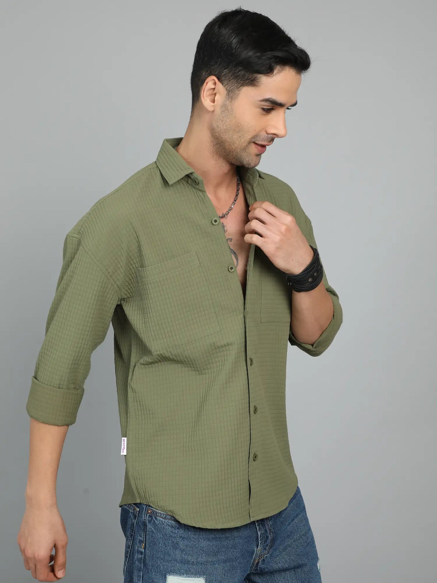 Stylish Sidekick Olive-Green Imported Drop Shoulder Shirt for Men 