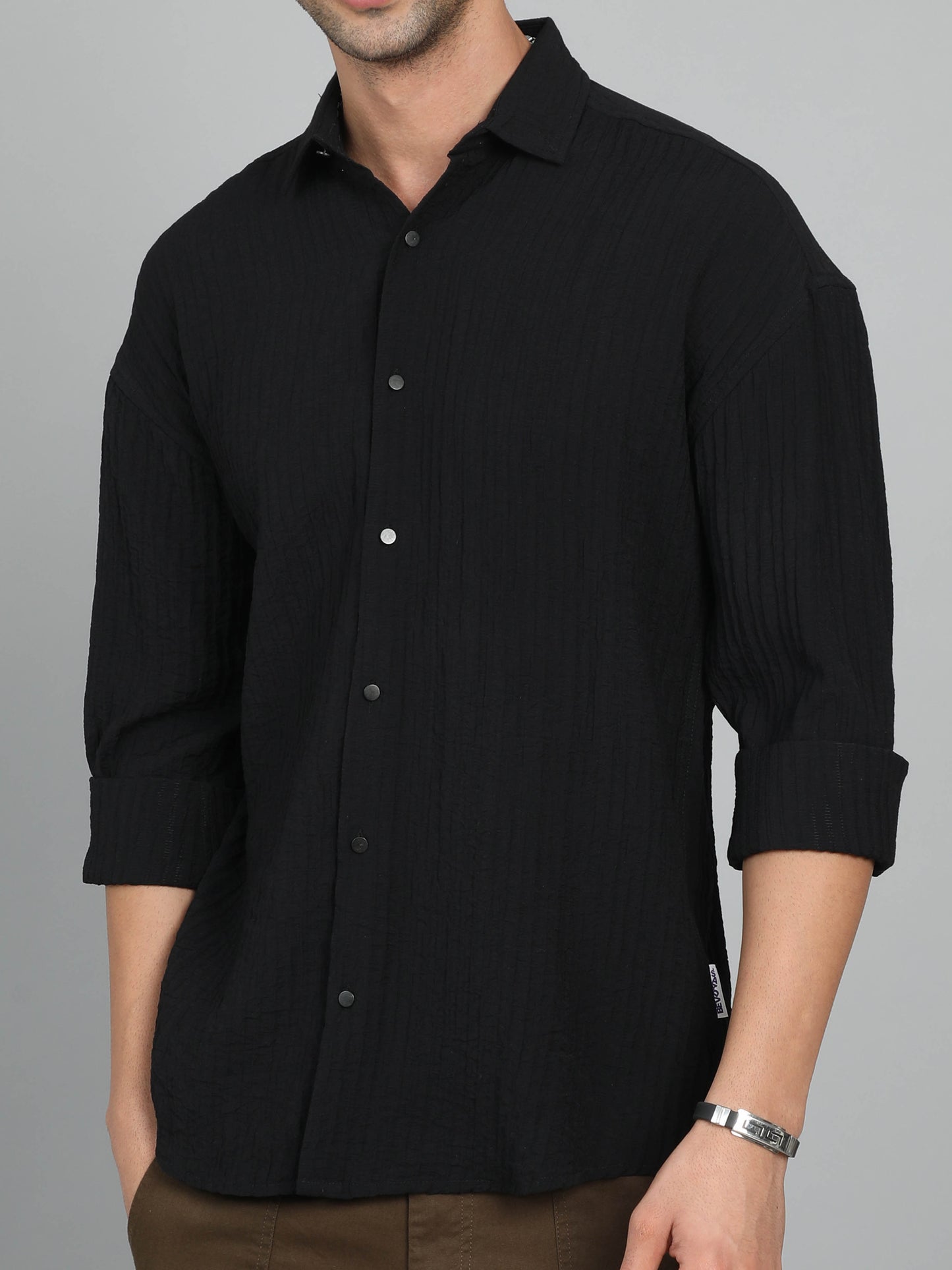 BLACK JACK- TEXTURED BLACK DROP SHOULDER SHIRT