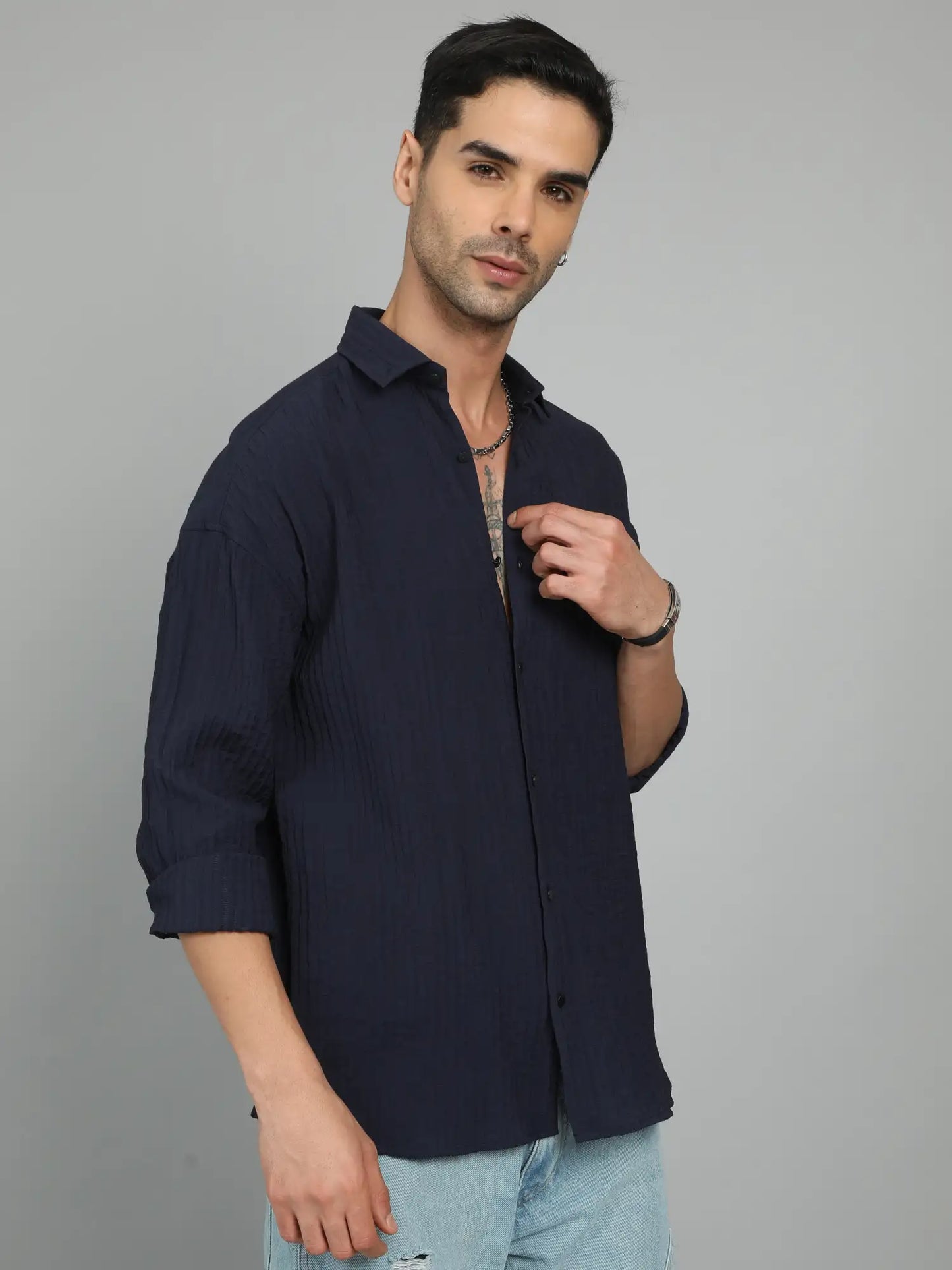 NAVY-BLUE IMPORTED DROP SHOULDER SHIRT for Men 