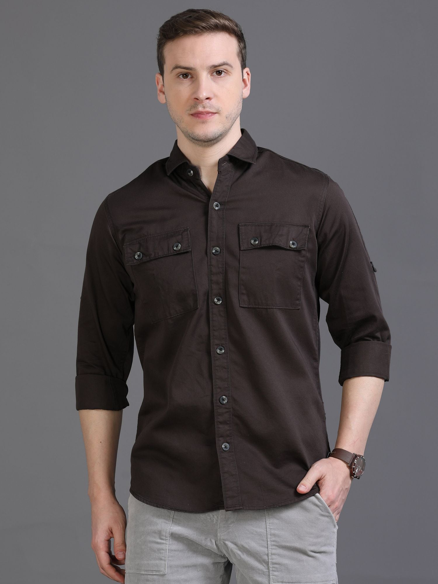 Brown Double pocket Cargo Shirt for Men