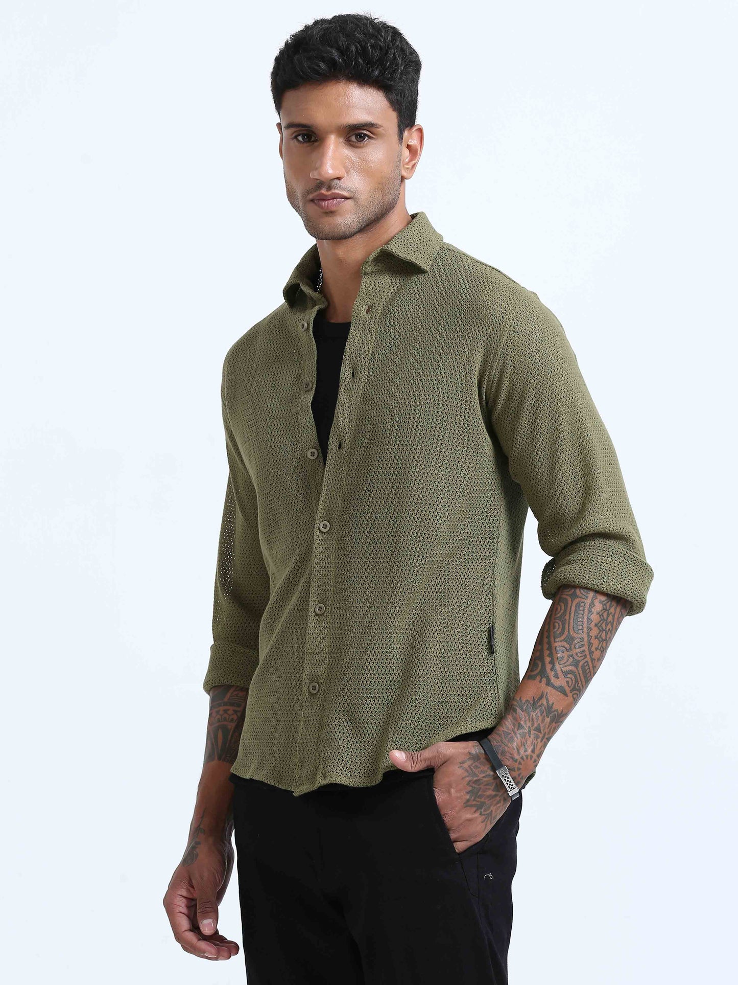 Croknit Olive Green Solid Shirt