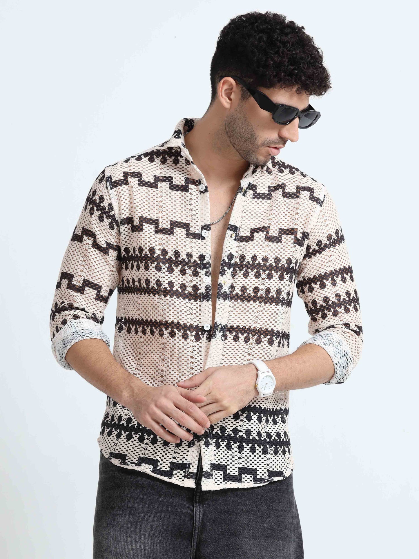 Croknit Beige And Black Printed Shirt