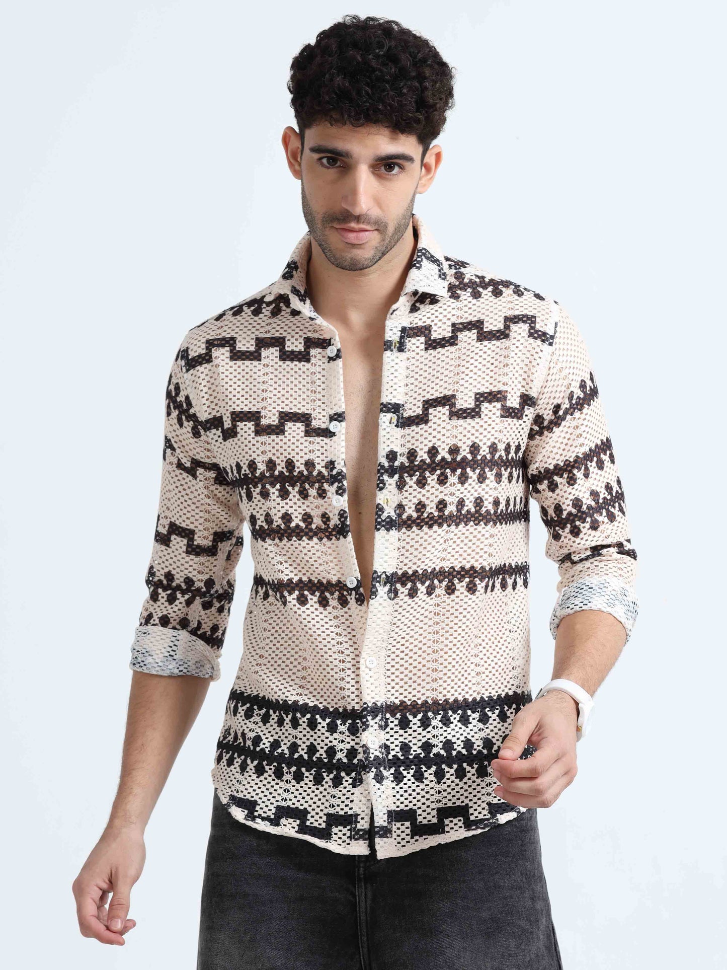 Croknit Beige And Black Printed Shirt