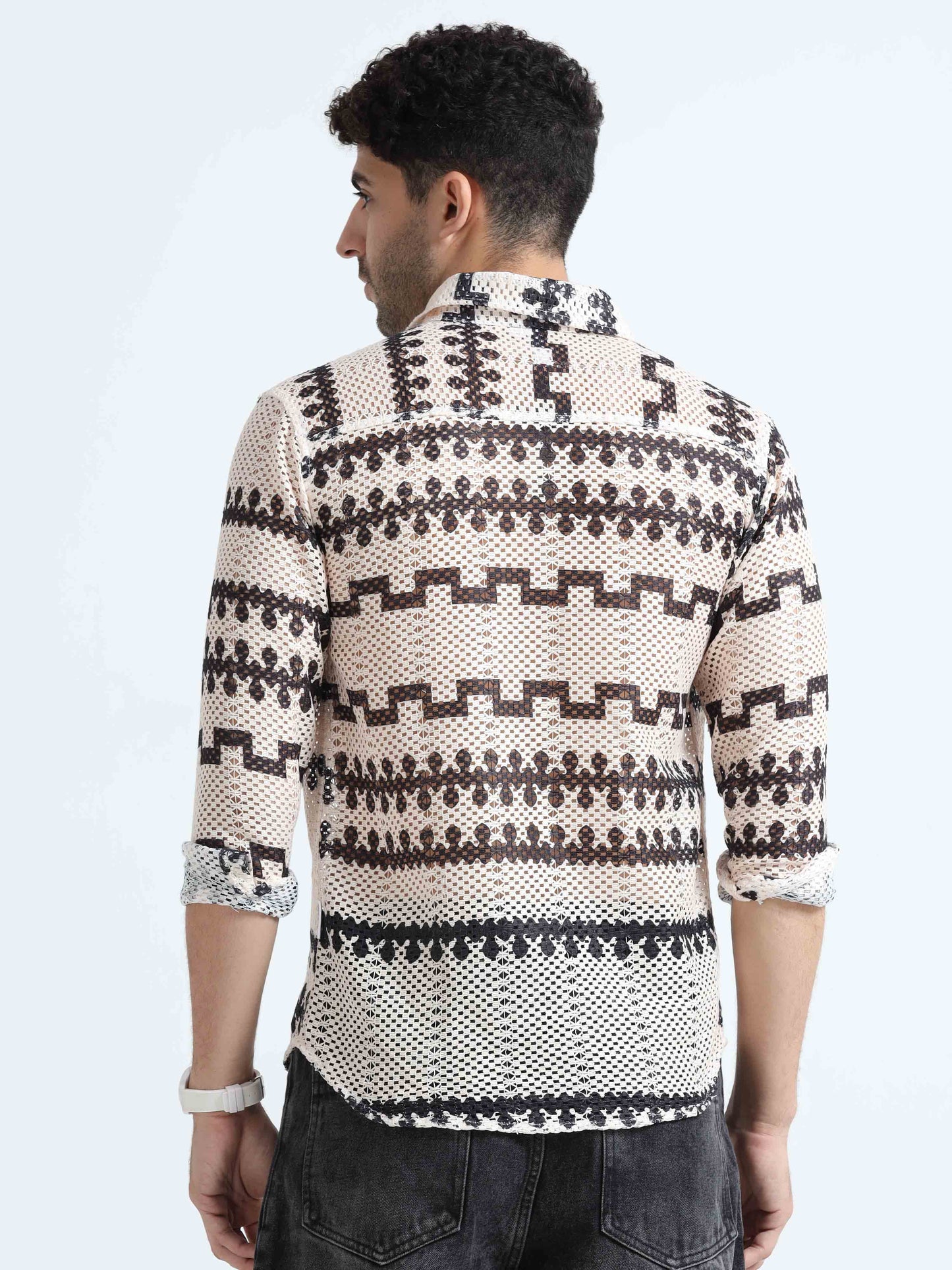 Croknit Beige And Black Printed Shirt