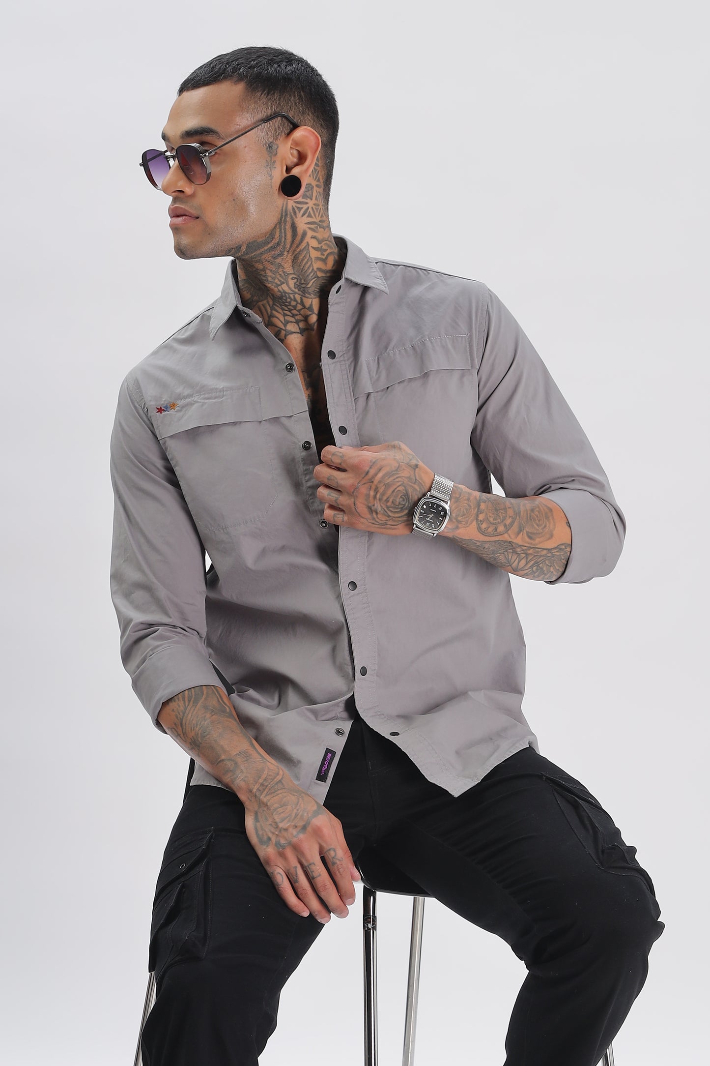 Grey Regular Solid Shirt for Men