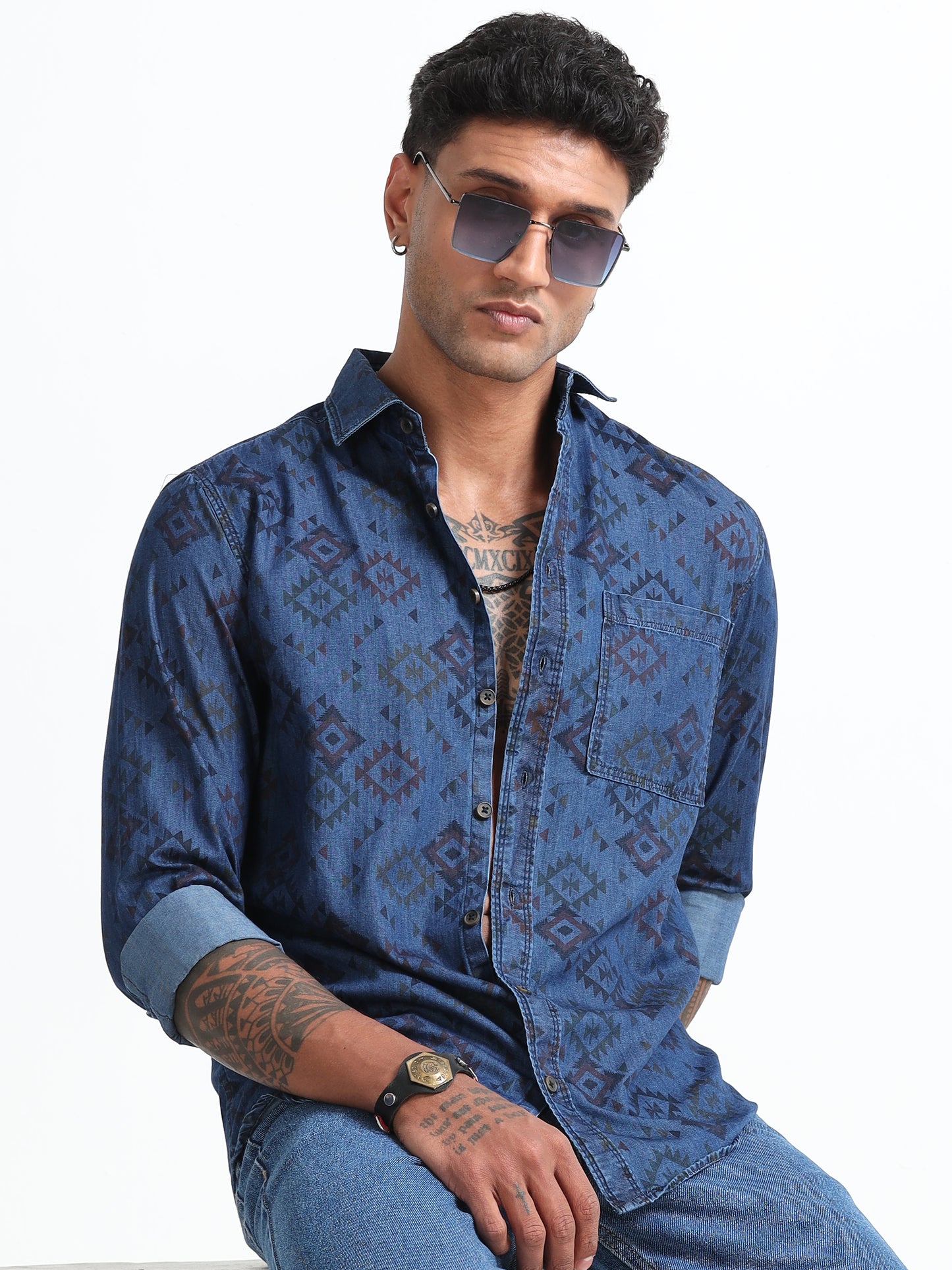 Men's Denim Dark Printed Shirt