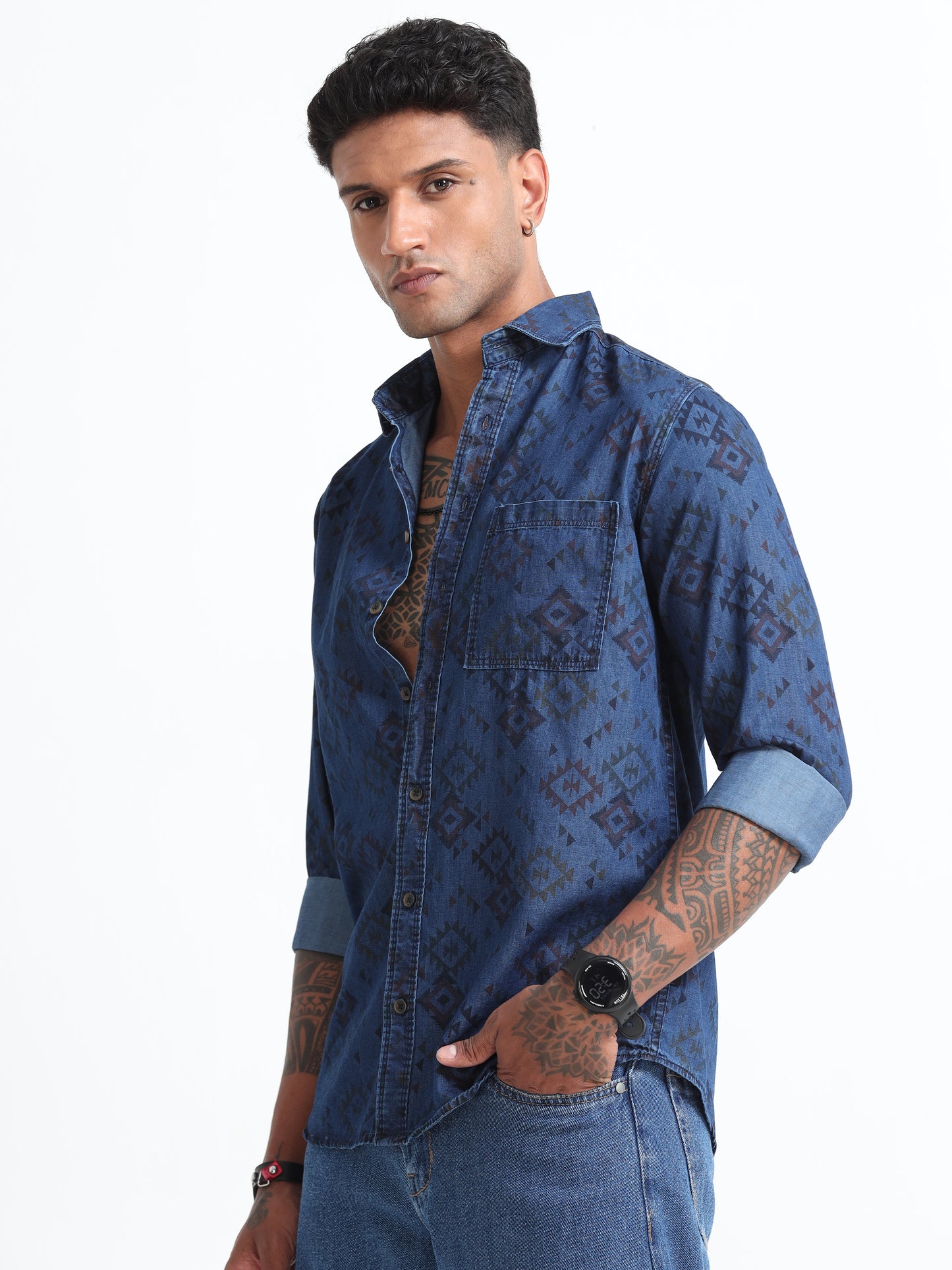 Men's Denim Dark Printed Shirt