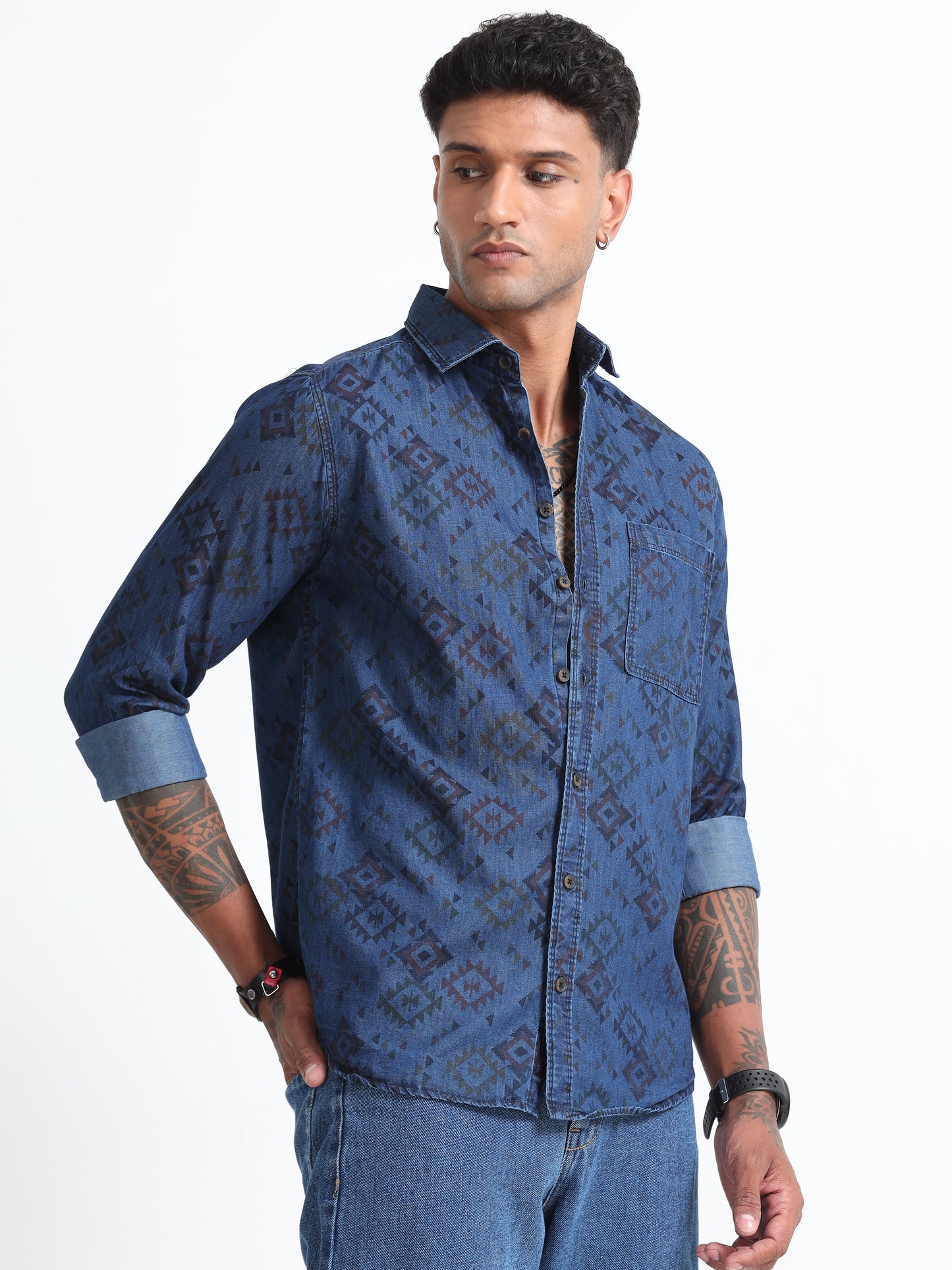 Men's Denim Dark Printed Shirt