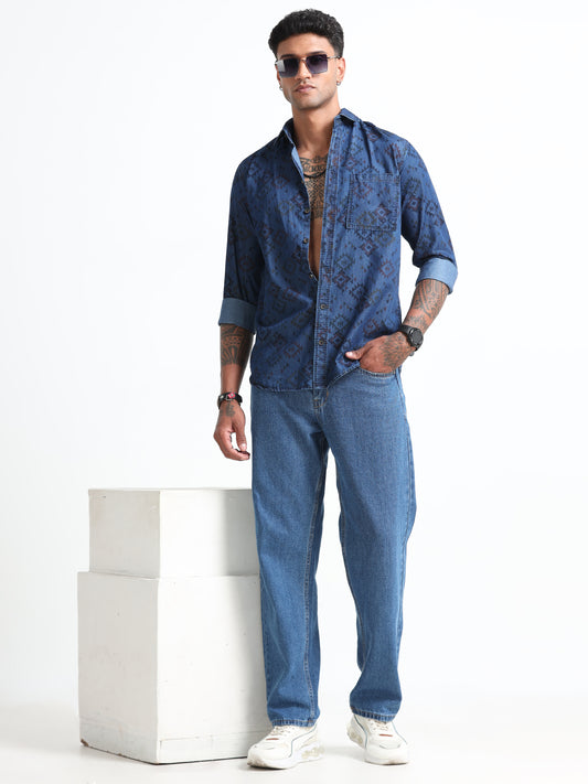 Men's Denim Dark Printed Shirt