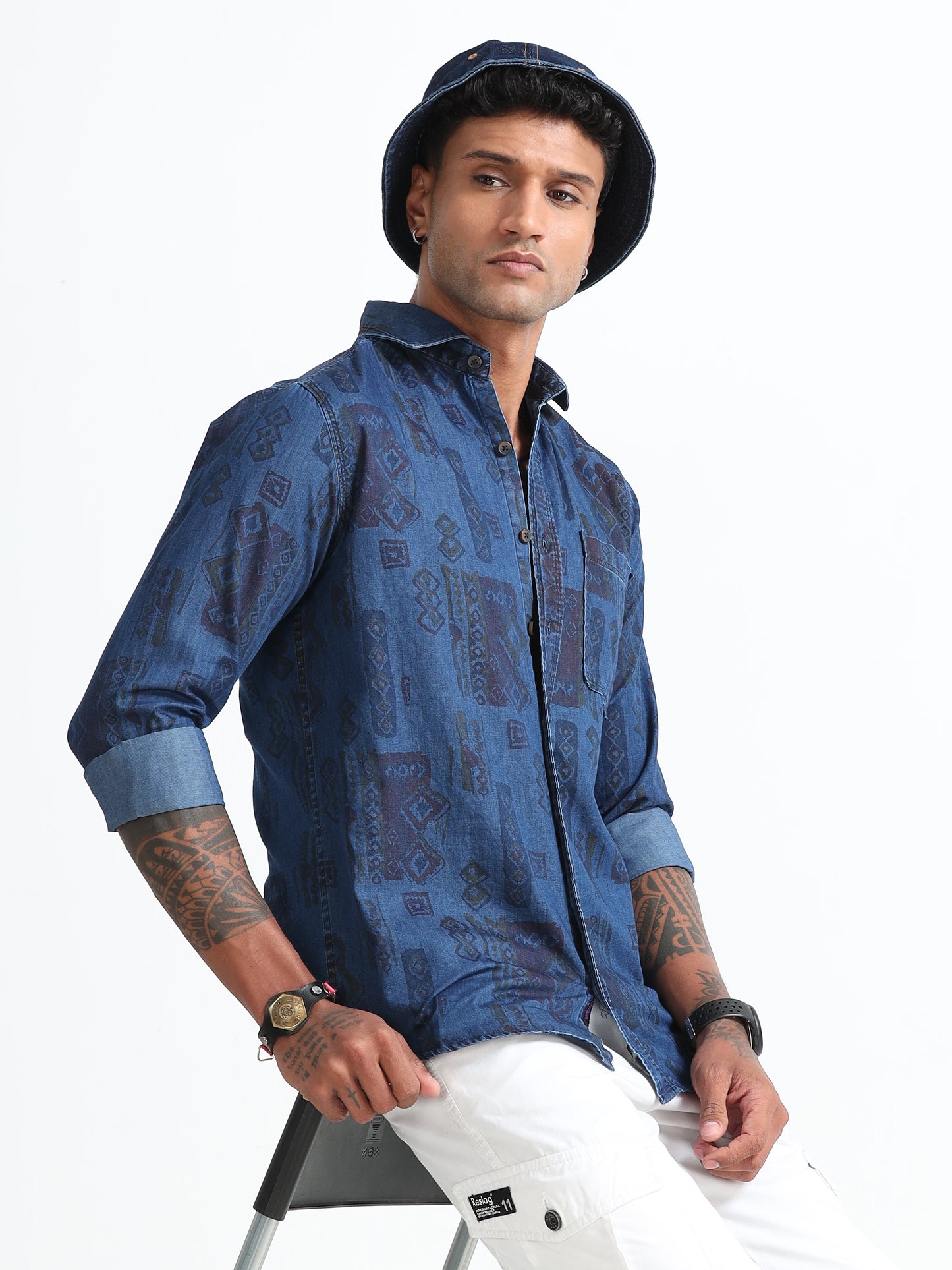 Dark Printed Men's Denim Printed Shirt